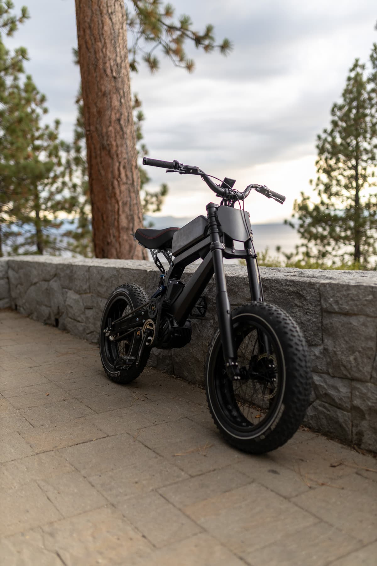 REVV e-bike parked at a Lake Tahoe overlook at dusk