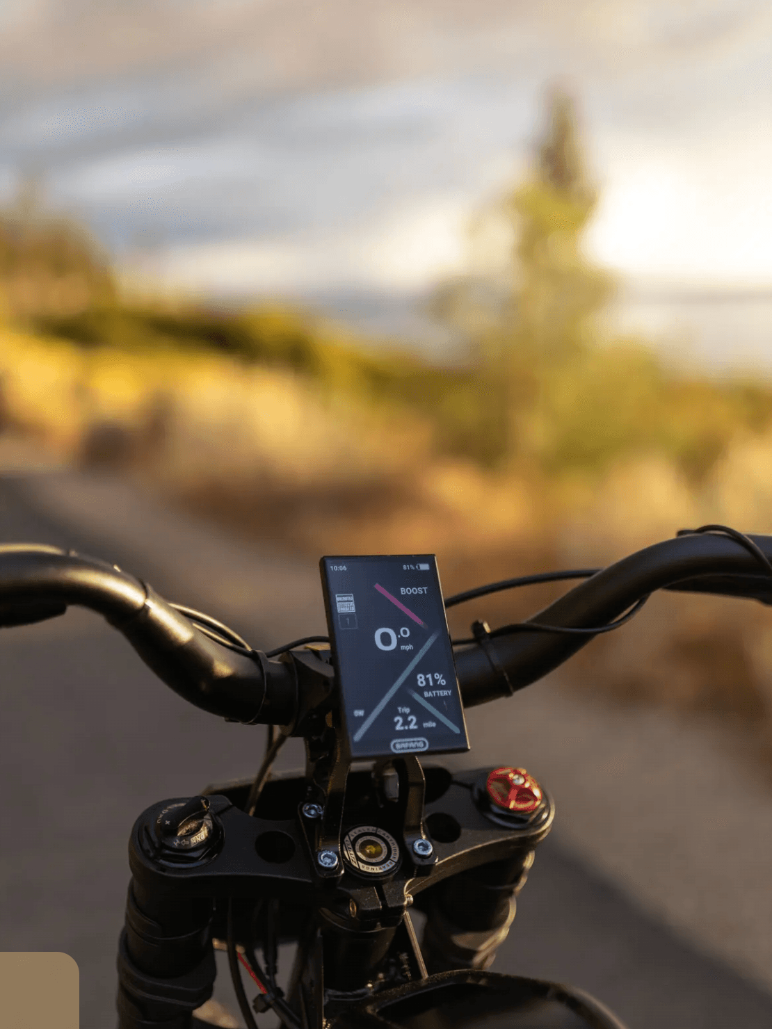 Close-up of the REVV e-bike's Bafang color display showing speed, battery, and trip data