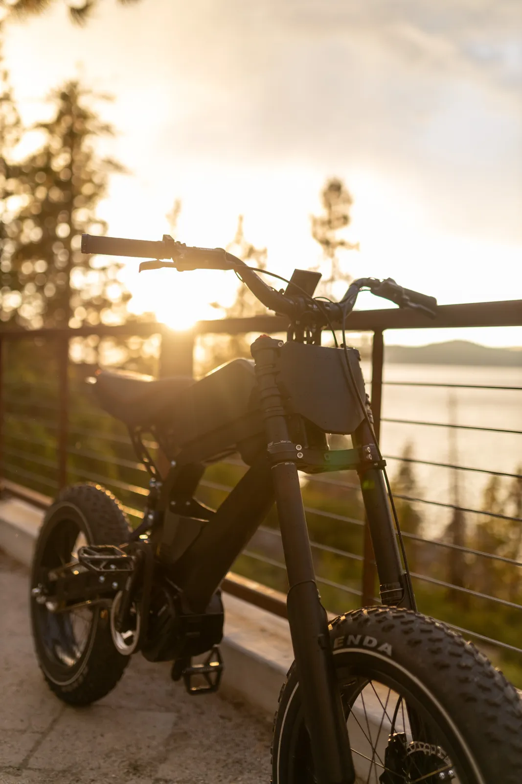 Revv Co Surfline e-bike backlit by a sunset over the lake